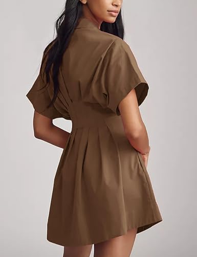 Image of Women Summer Short Sleeve Button Front Pleated Shirt Dress Striped Collar V Neck Casual Y2k Swing Short Mini Dress