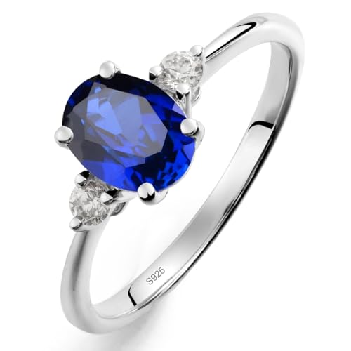 LUO 925 Sterling Silver 8x6mm Oval Shaped Gemstone Rings for Women, Three Stone Engagement Ring Birthstone Jewelry Anniversary Promise for Lady Size 3-13