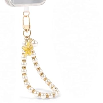 Pulseira de celular com contas de pérolas para iPhone 17 Pro Max/série 16, Samsung Galaxy e a maioria dos celulares - Pulseira de corrente mãos livres | Pulseira com cordão antiperda - amarela