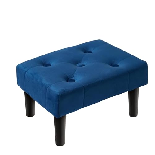 Image of Velvet Footrest Ottoman Stool Set of 2 - Padded Small Bench with Wooden Legs, Modern Pouffe for Living Room, Bedroom & Office - Multipurpose Foot Stool B (Blue)
