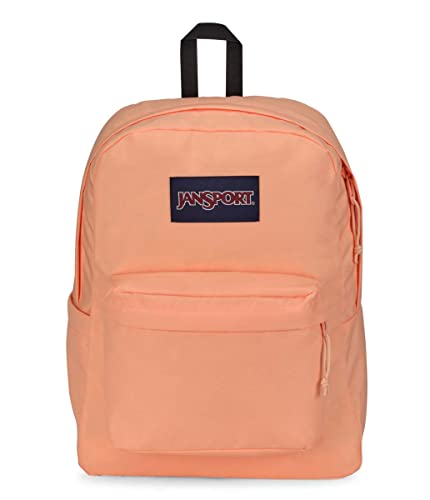 Image of JanSport SuperBreak Plus Backpack with Padded 15-inch Laptop Sleeve and Integrated Bottle Pocket - Spacious and Durable Daypack for Work and Travel - Peach Neon