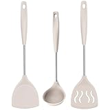 P-Plus International Karandi - Ladle Set for Kitchen - Silicone Cooking Spoon - Soup Ladle - Non Stick Slotted Kitchen Spatulas - Nonstick Spatula - Non Stick Spoon Set for Cooking (Set of 3, Cream)
