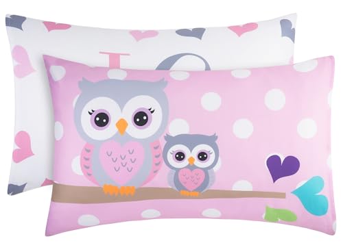 EVERYDAY KIDS 2-Pack Standard Size Pillowcases Fit Pillows 30 x 20” - Soft Breathable 100% Cotton Percale - Perfect for Toddler Little Girl Twin/Full Size Bed - Owls