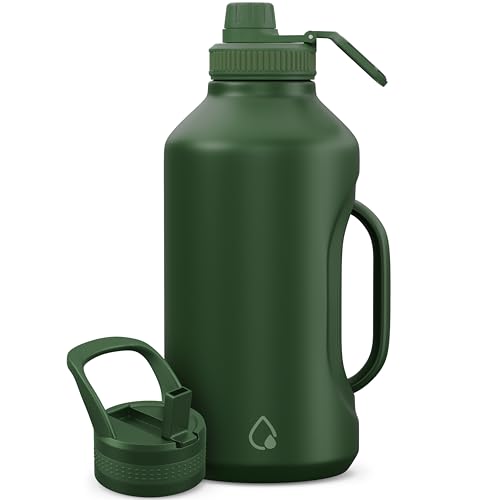 AQUAFIT Insulated Water Bottle 64 oz with Handle - Straw and Chug Lid - Stainless Steel Water Bottles - 64 oz Water Bottle - 64oz Insulated Water Bottle with Straw (64 Ounces, Military Green)