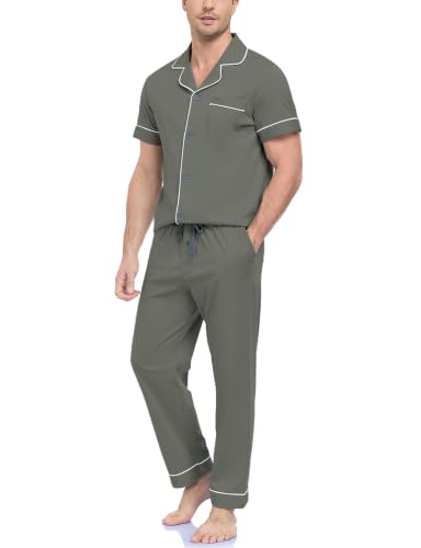 Image of COLORFULLEAF Men's Pajama Sets 100% Cotton Short Sleeve Button Down | 100% Cotton, Short Sleeve, Long Pants, Button Down, Notched Collar, Soft, Breathable, Lightweight, Comfortable, 2 Piece Set