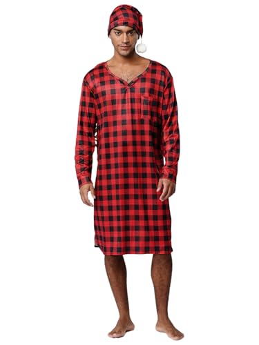 ACSUSS Men Nightgown Plaid Printed Nightshirt with Sleeping Cap Mid-length V-neck Nightdress Red XX-Large