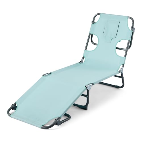 Amazon Basics Outdoor Lounge Chair, Foldable Design with Multi-Angle Backrest, Blue, 1-Pack