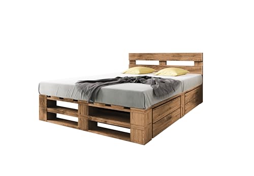 Lermowood Palettenbett M2 aus Holz 160 x 200 cm Eiche mit Kopfteil und 2 Bettkästen Holzbett 40cm Stabiles Seniorenbett Kinderbett Jugendbett Gästebett erhöhtes Bettgestell Futonbett Komforthöhe
