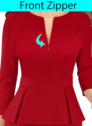 Image of VFSHOW Womens Wear to Work Front Zipper V Neck Peplum Business Office Church Flattering Pencil Sheath Dress