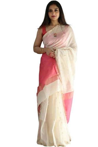 Image of ZECVA Women's Pure Soft Spun Cotton Lichi Silk Saree For Women With Attach Unstitch Blouse Piece