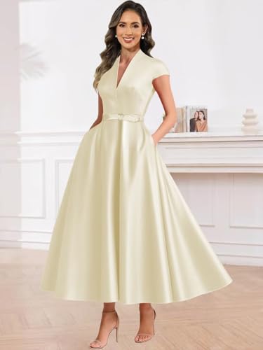 Satin Mother of The Groom Dresses for Women Tea Length V Neck A Line Formal Evening Gown with Pockets4