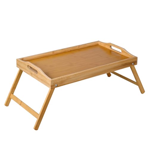 Bandeja o Mesa para Cama de Madera de bambú Auxiliar Plegable | Mesa Desayuno Auxiliar portátil para Cama o sofá, Bandeja con Asas Laterales, Ideal para Comer | Diseño Natural y Resistente