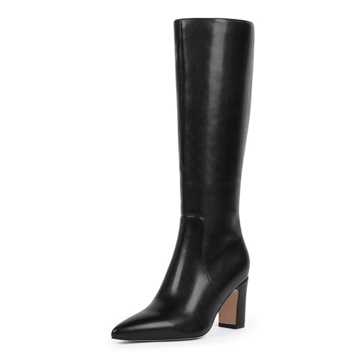 VIUGJNEX Black Boots for Women Knee High 3 Inch Chunky Block Heel Pointed Toe Tall Long Boots Dressy Sexy Comfortable, Size 8.5