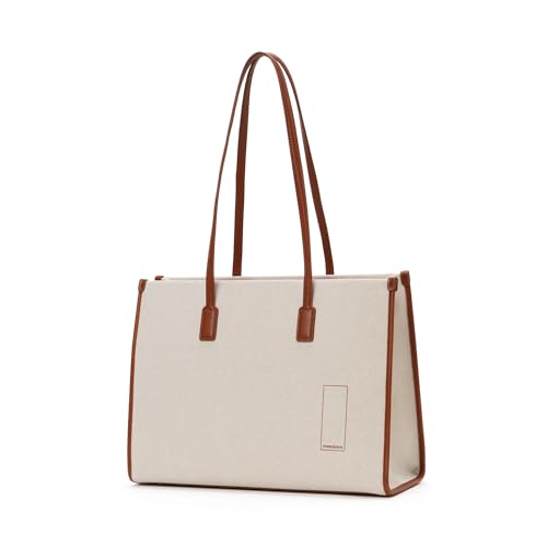 Image of MOKOBARA The Skye Tote Bag for Women | Premium Canvas & Vegan Leather Office & Daily Use Handbag | Fits 15 Inch Laptop | Water Resistant Shoulder Bag with Zip Closure | Coconut Cream | Beige