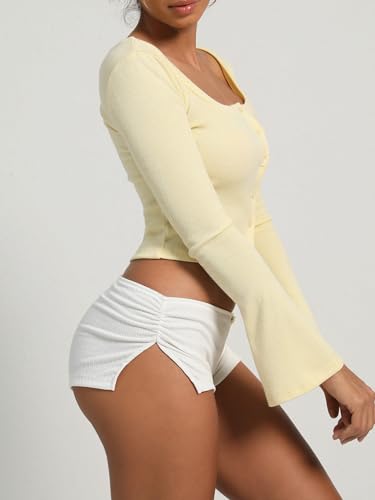 Image of OZICERD Low Rise Booty Shorts Micro Mini Pajamas Shorts for Women Cute Boy Short Side Slit Ruched Lounge Pj Bottoms