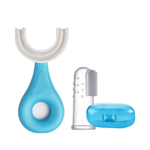Baby U-Shape Silicone Toothbrush Set, 360-Degree Soft Bristles with Finger Brush for Infants and Toddlers, Blue and Pink, 2 Pack-image-9