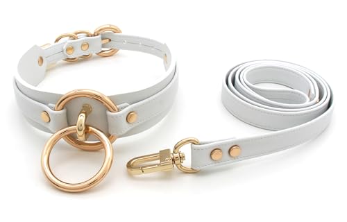 lalatia Damen Halsband O Ring Kunstleder Choker Halskette (Weiß Gold mit Leine)