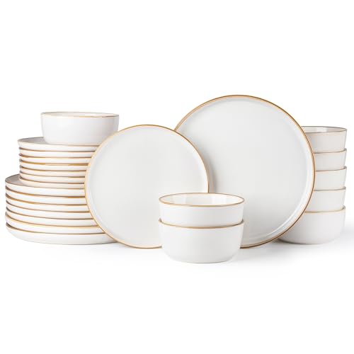 GBHOME Ceramic Dinnerware Sets for 8, 24 Pieces Stoneware Plates and Bowls Sets, Scratch Resistant Dishes, Dishwasher & Microwave Safe, Reactive Glaze-Pearl White
