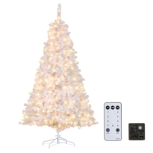 6ft Prelit White Christmas Tree with Remote Control Artificial Christmas Tree with 250 Warm Multi Color Lights Time Functional Hinged Full Tree with 859 Tips Party Office Decoration