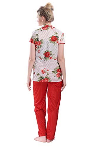 Image of Printed Night Suit for Women - Flower Print Satin Shirt and Pyjama Set (Front Open Collar Night Suit)