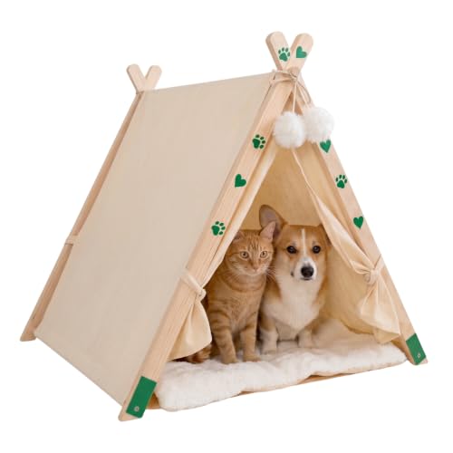 Cama Tipi para Gatos y Perros Pequeños   Cueva de Madera Maciza, Algodón y Lino Transpirable, Caseta Iglú de Interior para Mascotas, Cachorros, Cuna de Viaje Plegable y Portátil con Cojín Lavable