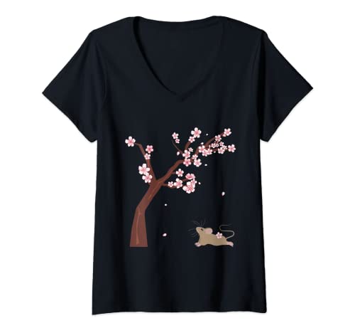 Mujer Cherry Blossom Cute Kawaii Ratones Anime Kawaii Estilo Japonés Camiseta Cuello V