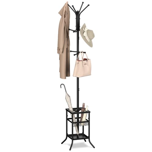 Yoobure Coat Rack Freestanding – Coat Tree with Umbrella Holder, Metal Coat Rack Stand with 12 Hooks, Modern Coat Hanger Stand for Entryway, Purse Rack Hat Rack Stand for Living Room Bedroom Office