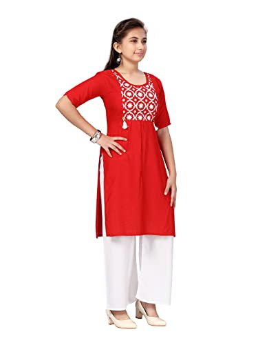 Image of muhuratam Girls MUHURATAM Girls Red-White Color Kurti Palazzo Set