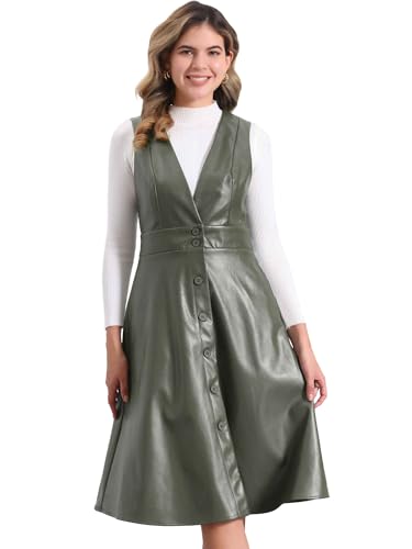 Robe en simili cuir Allegra K à col en V et boutons pour femme