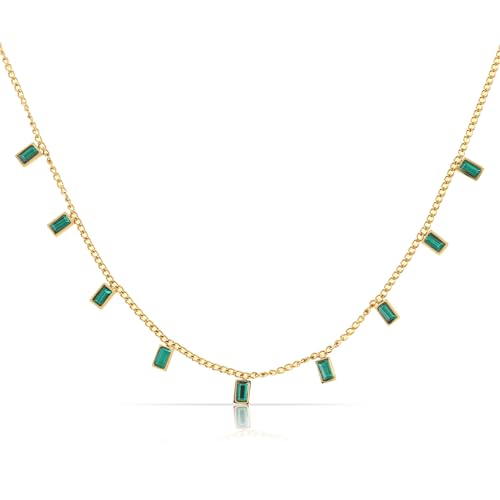 Made by Nami Collar de acero inoxidable dorado para mujer con piedras preciosas de color verde esmeralda, regalo de cumpleaños para mujer, resistente al agua, 40 + 5 cm, Standard, Acero inoxidable,