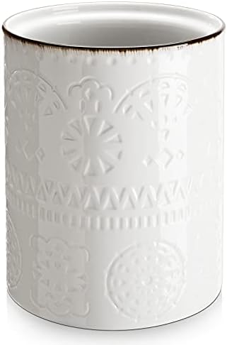 LIFVER Kitchen Utensil Holder, 7.2″ White Farmhouse Utensil Holder for Kitchen Counter, Extra Large Kitchen Utensil for Countertop, Heavy Ceramic Utensil Crock for Christmas Décor, Cork Mat