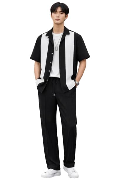 Men’s Contrast Panel Short Sleeve Shirt with Relaxed Drawstring Trousers – Modern Casual Two-Piece Outfit Set