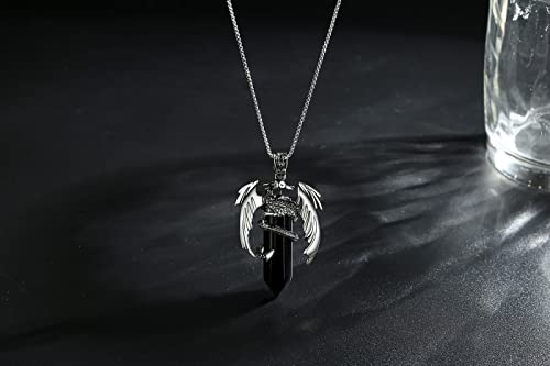 Xiannvxi Vintage Dragon Necklace For Men Women Black Obsidian Crystal Healing Stone Necklace Cool Simple Retro Natural Reiki Spirtural Witch Gemstone Pendant Jewelry #TOP1