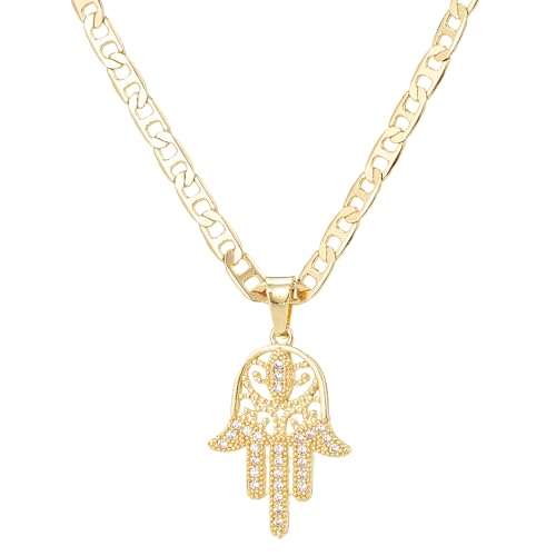 SAELACY 14K White Gold Plated Hamsa HandNecklace for Women Cubic Zirconia Inlay Hollow Hamsa Hand Pendant Necklace Flat Mariner Chain 18/22 (gold chain length:18+2)