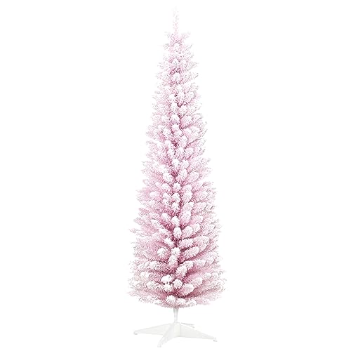 HOMCOM 7' Snow Flocked Artificial Pencil Christmas Tree, Slim Xmas Tree with Realistic Branches and...