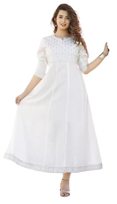 LYRA EXPORTS Women’s Rayon Embroidered A-Line Kurta with Round Neck and 3/4th Sleeves Flared Ethnic Solid Regular Fit Ideal for Casual Wear Office-image-49