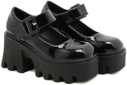 Womens Leather Square Buckle Platform Chunky Heel Mary Janes Adjustable Strap Fashion Closed Round Toe Chunky High Heels Oxford Shoe Leisure Office Party Dress Pumps