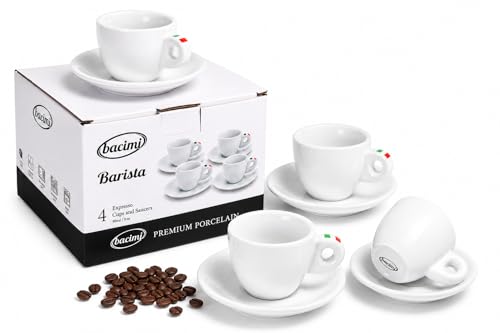 Bacimi® Espresso Cups and Saucers Set of 4 – 3 oz Thick Porcelain Coffee Cups - Barista Style Cup - Classic Italian Design - Ceramic Cups for Espresso, Macchiato, Doppio – Dishwasher & Microwave Safe