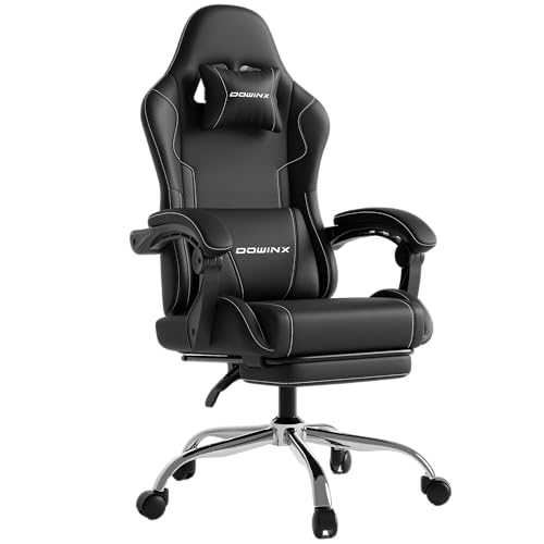 Dowinx Gaming Stuhl, Ergonomischer Gamer Stuhl für Büro und Home Office, Verstellbarer Bürostuhl mit Rückenlehne bis 150°, mit Fußstütze, Belastbar bis 180 kg, Schwarz