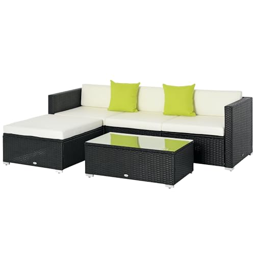 Outsunny 5 Pieces PE Rattan Garden Furniture Set with Cushions, Outdoor Corner Sofa, Patio Sectional Conversation Furniture Sets with Glass Top Coffee Table, Black
