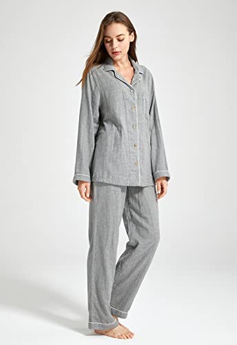 Image of Women's Pajama Set 100% Double Gauze Cotton Linen Like Super Soft Comfy Button Down Sleepwear (Long Sleeve, Medium Grey, Extra Large)