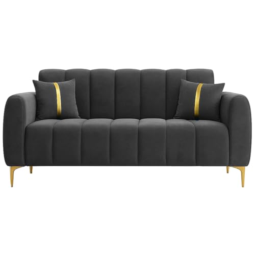 Image of Furny Harmon 5 Seater Fabric 3+2 Sofa Set (Dark Grey) | Soft Velvet Fabric | Modern Design | Comfortable Seating | Living Room Furniture