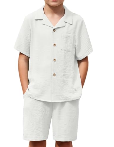 Image of Arshiner Boys 2 Pieces Summer Beach Outfits Short Sleeve Button Down Shirts and Shorts Vacation Texture Sets for Kids