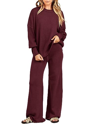 Image of ANRABESS Women 2 Piece Outfits Oversized Chunky Knit Sweater Top Wide Leg Pants 2024 Fall Lounge Set Trendy Cozy Clothes