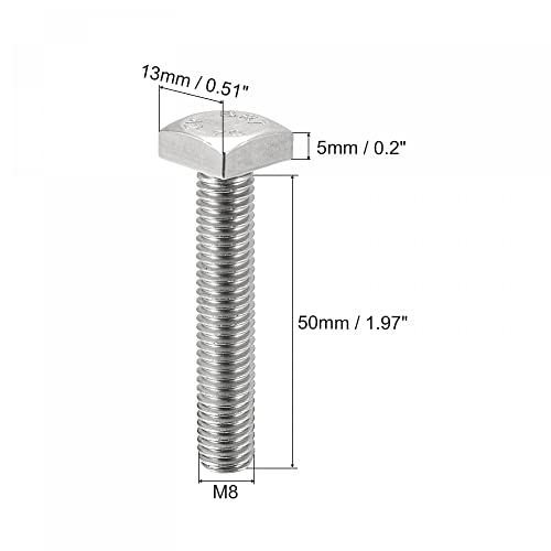 Image of uxcell Square Head Bolt, 5pcs M8x50mm Fully Thread 304 Stainless Steel Grade C Square Machine Screws