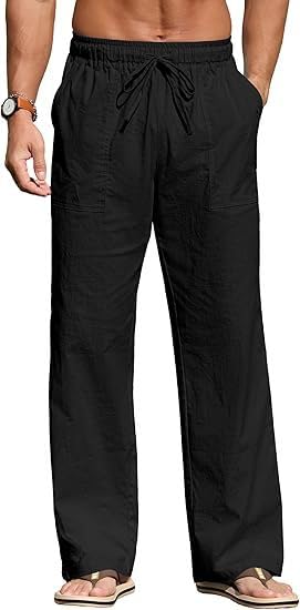 Mens Casual Pants Linen Loose Wide Leg Straight Drawstring Elastic Waisted Lightweight Beach Trousers with Pockets