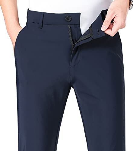 Lushenuni Men's Golf Pants Slim High Stretch, Ice Silk Dress Pants With Expandable-Wais Pants (35, Blue) #TOP2