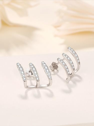 925 Sterling Silver Segment Triple Claw Curved Cubic Zirconia Earrings, Silver Hoop Earrings Stud Huggie Cuff Earrings3