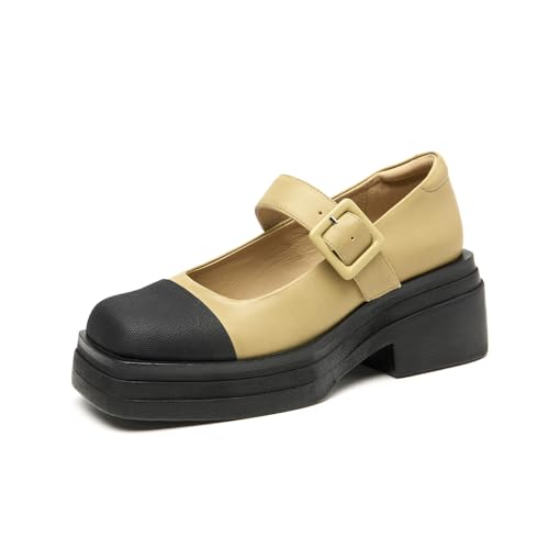 Image of BEAU TODAY Women's Beige Mary Jane Pumps, Size 12, Casual Dress Shoes for Women, Spring /Autumn /Fall, Platform Heel, Leather Sole