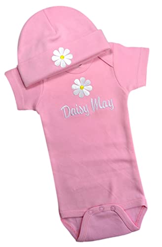 Daisy Flower Personalized And Embroidered Baby Girl Bodysuit With Matching Cotton Hat Gift Set (0-3 Months, Light Pink Set) #TOP24